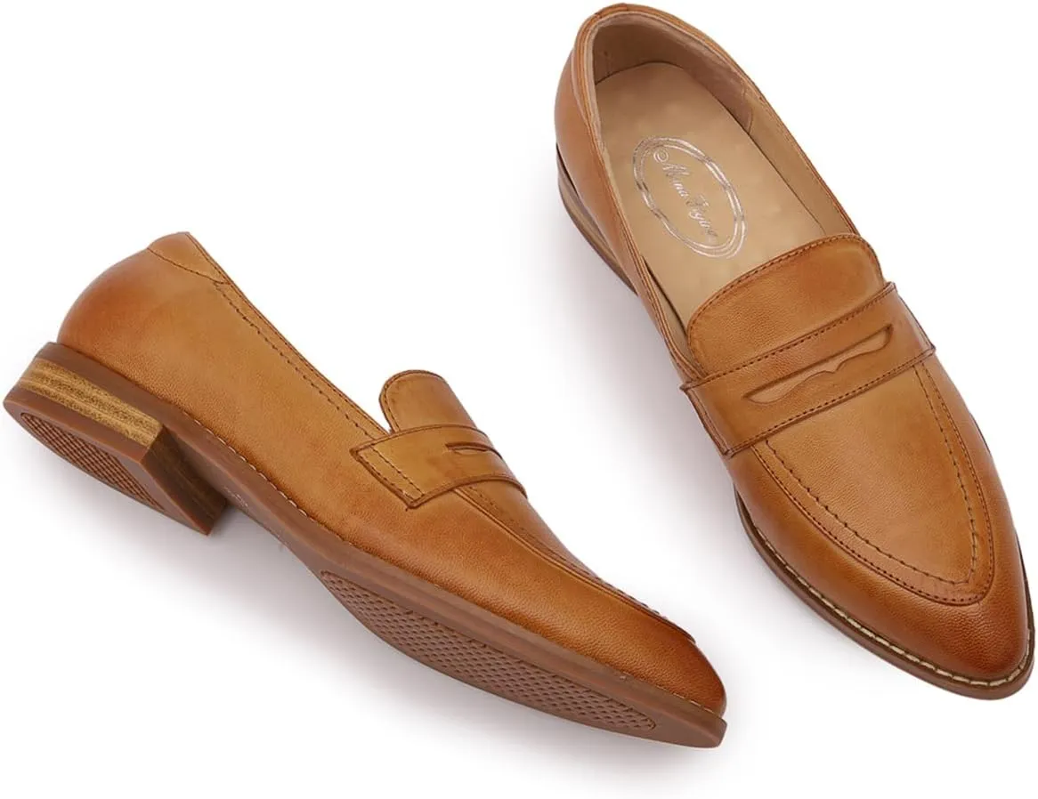 Mona flying Women's Leather Pointed Toe Penny Loafer Dress Casual Slip on Flat Office Work Shoes for Ladies