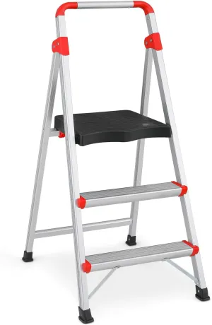 MoNiBloom 3 Step Ladder Lightweight Folding Stools for Adults, 2 Narrow Pedal and 1 Extra-Wide Pedal, Portable Aluminum Step Ladder with Handgrip, 330 lbs Capacity