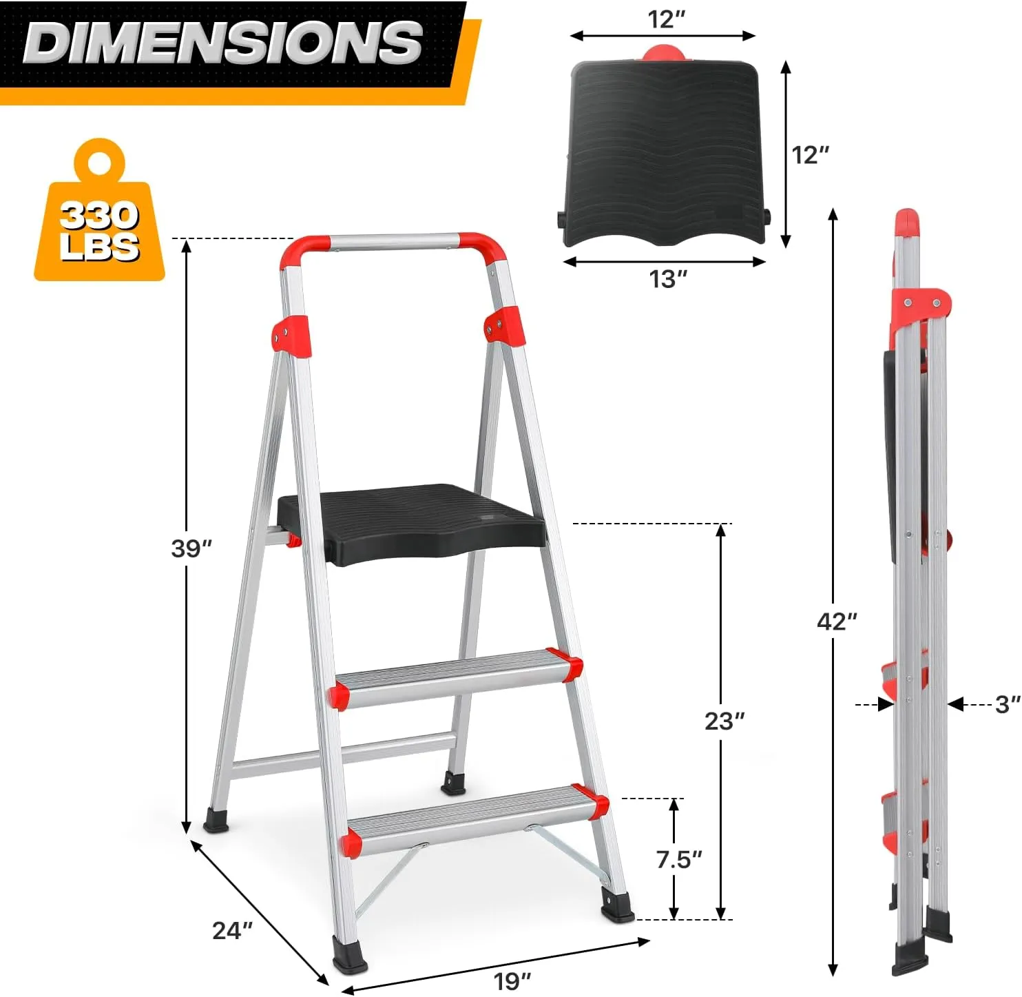 MoNiBloom 3 Step Ladder Lightweight Folding Stools for Adults, 2 Narrow Pedal and 1 Extra-Wide Pedal, Portable Aluminum Step Ladder with Handgrip, 330 lbs Capacity