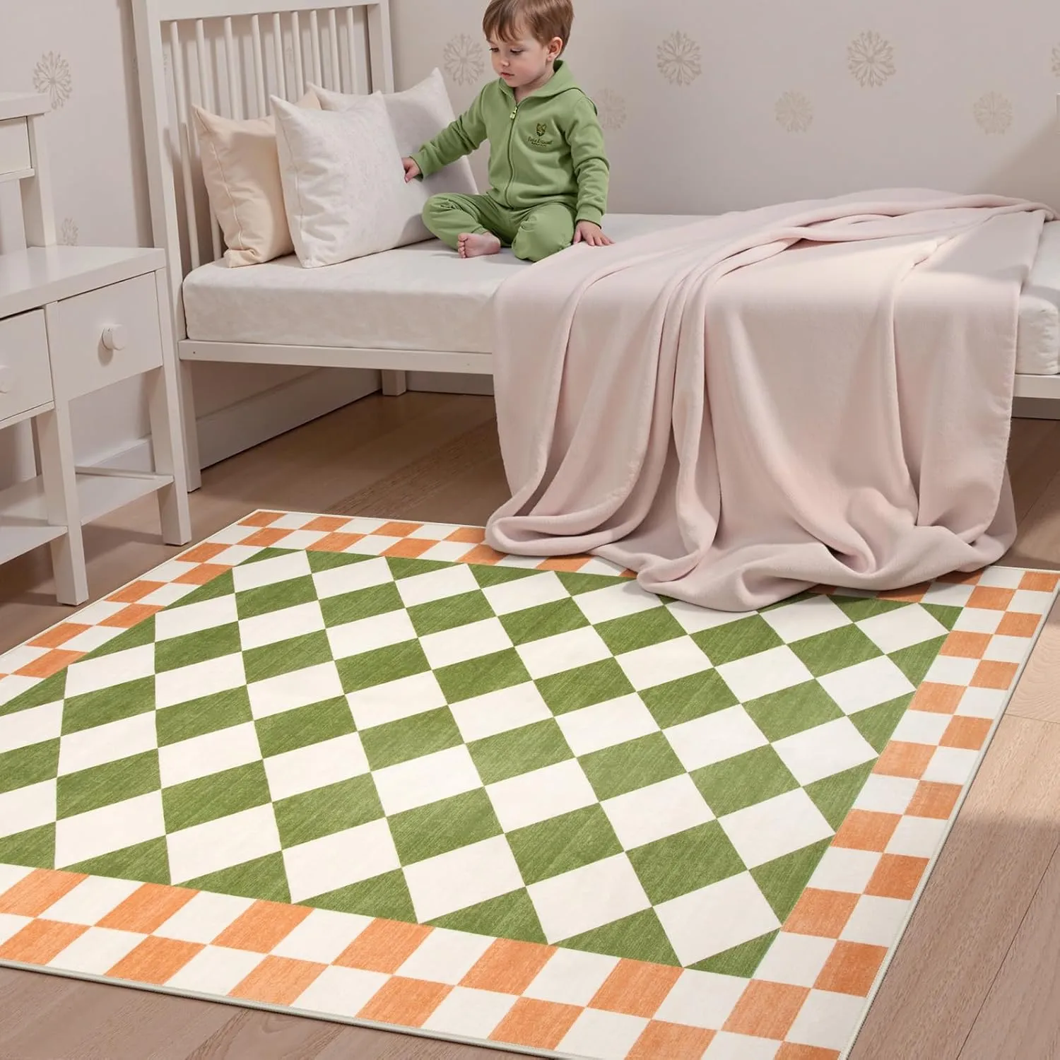Morebes Green Checkered Rug for Living Room, 5x7 Washable Area Rug Soft Low Pile Geometric Modern Boys Rugs for Bedroom, Non Slip Indoor Floor Carpet for Playroom Dining Room Kids Room