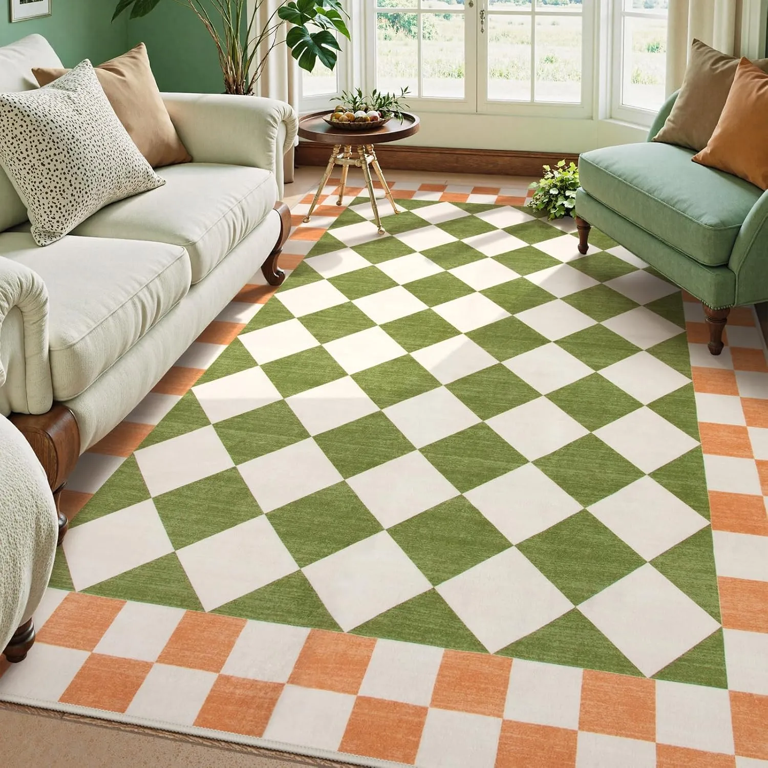 Morebes Green Checkered Rug for Living Room, 5x7 Washable Area Rug Soft Low Pile Geometric Modern Boys Rugs for Bedroom, Non Slip Indoor Floor Carpet for Playroom Dining Room Kids Room