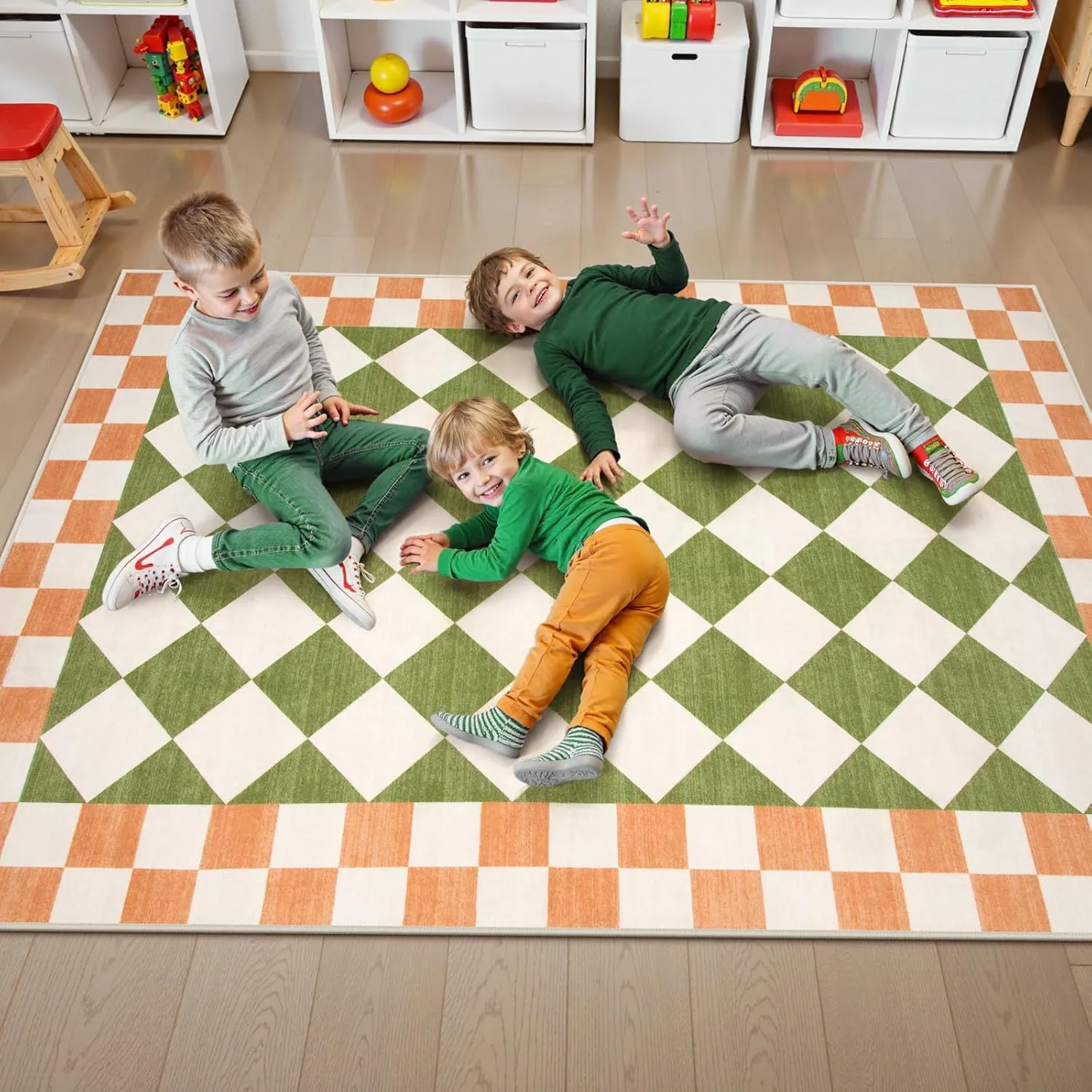 Morebes Green Checkered Rug for Living Room, 5x7 Washable Area Rug Soft Low Pile Geometric Modern Boys Rugs for Bedroom, Non Slip Indoor Floor Carpet for Playroom Dining Room Kids Room