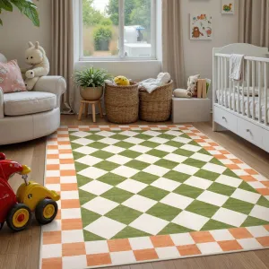 Morebes Green Checkered Rug for Living Room, 5x7 Washable Area Rug Soft Low Pile Geometric Modern Boys Rugs for Bedroom, Non Slip Indoor Floor Carpet for Playroom Dining Room Kids Room