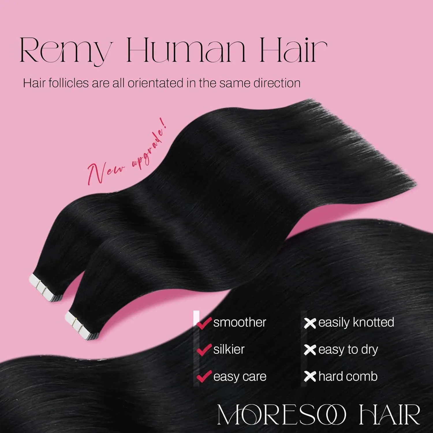 Moresoo Black Tape in Hair Extensions Human Hair Invisible PU Tape in Extensions Straight Glue in Extensions Remy Human Hair Extensions Glue in Straight Hair 18 Inch #1 20pcs 50g