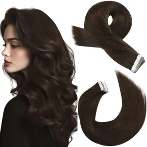 Moresoo Dark Brown Tape in Hair Extensions Brown Tape in Human Hair Dark Brown Real Human Hair Glue in Extensions #4 20Pcs 50G 18 Inch