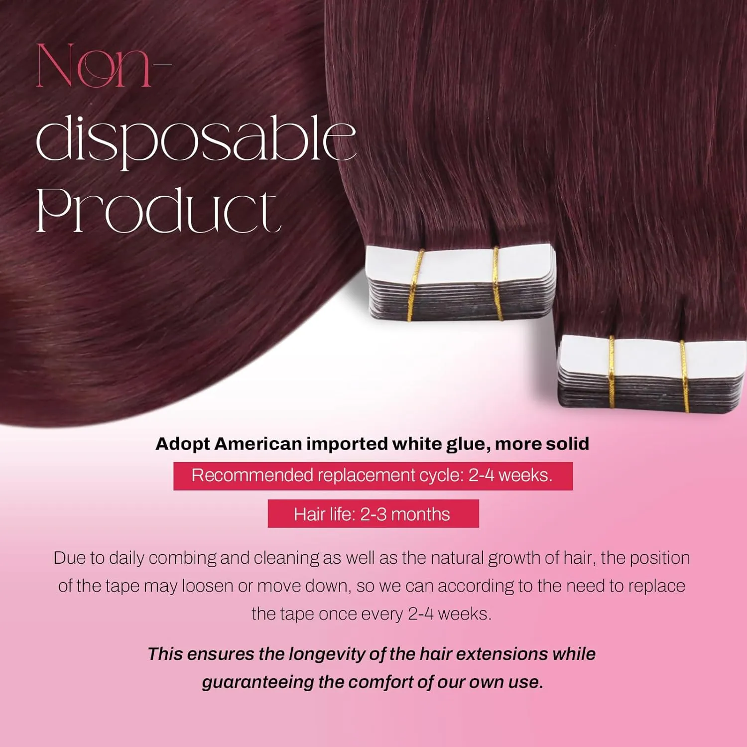 Moresoo Tape in Burgundy Hair Extensions Real Human Hair Tape in Extensions Wine Red Hair Extensions Glue in Human Hair Glue in Remy Extensions 18 Inch #99J 20pcs 50g