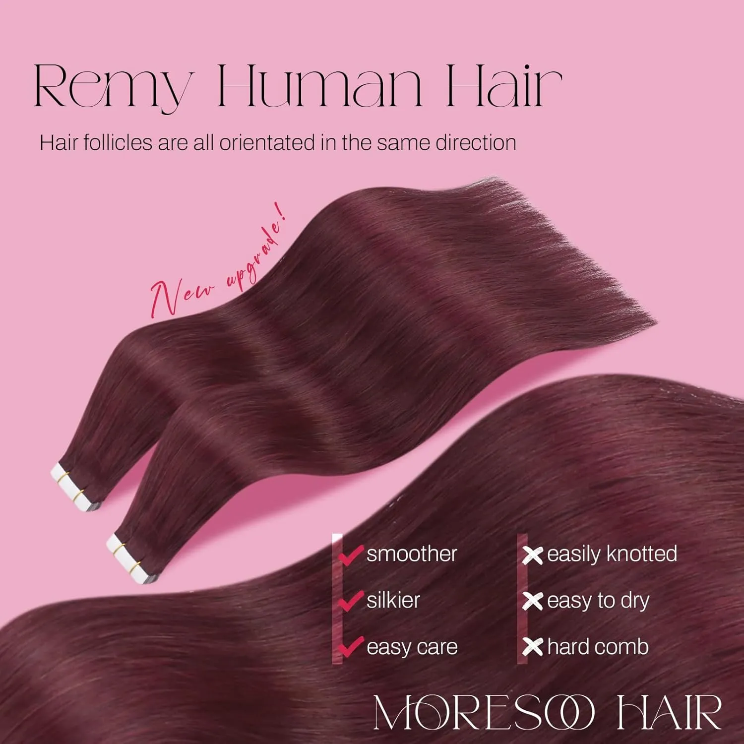 Moresoo Tape in Burgundy Hair Extensions Real Human Hair Tape in Extensions Wine Red Hair Extensions Glue in Human Hair Glue in Remy Extensions 18 Inch #99J 20pcs 50g