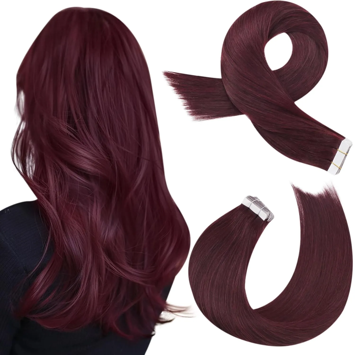 Moresoo Tape in Burgundy Hair Extensions Real Human Hair Tape in Extensions Wine Red Hair Extensions Glue in Human Hair Glue in Remy Extensions 18 Inch #99J 20pcs 50g