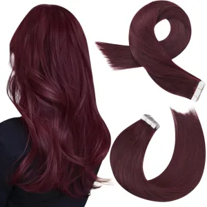 Moresoo Tape in Burgundy Hair Extensions Real Human Hair Tape in Extensions Wine Red Hair Extensions Glue in Human Hair Glue in Remy Extensions 18 Inch #99J 20pcs 50g