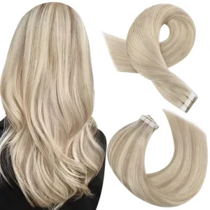 Moresoo Tape in Hair Extensions Human Hair Highlighted Hair Extensions Tape in Ash Blonde Highlighted with Bleach Blonde Hair Extensions Real Human Hair Tape in 18 Inch #P18/613 20pcs 50g