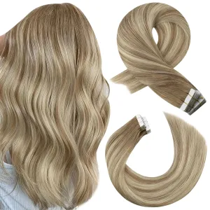 Moresoo Tape in Hair Extensions Human Hair Ombre Ash Brown to Blonde Mix with Light Blonde Hair Extensions Tape in Real Human Hair Balayage Glue in Extensions Real Hair #8/22/8 20pcs 50g 18 Inch