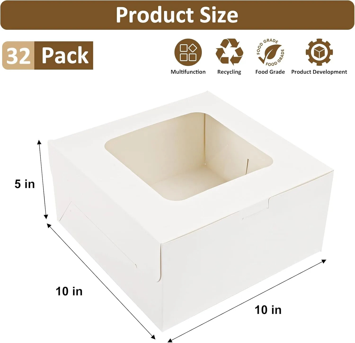Moretoes 32pcs Cake Boxes, 10x10x5 Inch Cake Containers With Window, Bakery Boxes Pastry Container Cajas Para Pasteles for Valentine's Day, Mother's Day, Cookie, Cupcakes, Pies