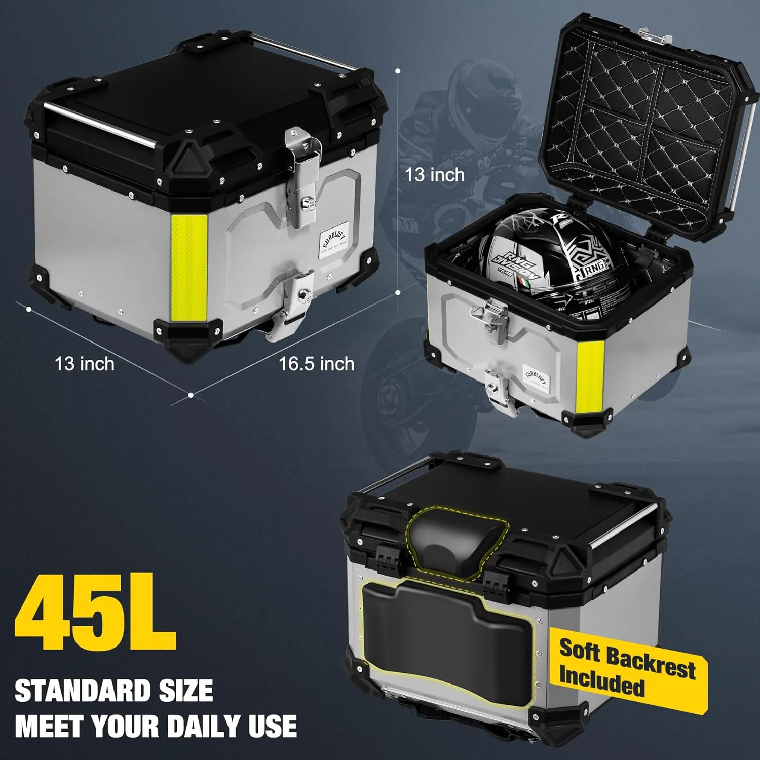 Motorcycle Top Case, 45L Motorcycle Tail Box Bag, Aluminum Top Trunk with Anti-Theft Lock System, Easy Installation with Universal Bracket, Waterproof, Rustproof and Dustproof, Silver