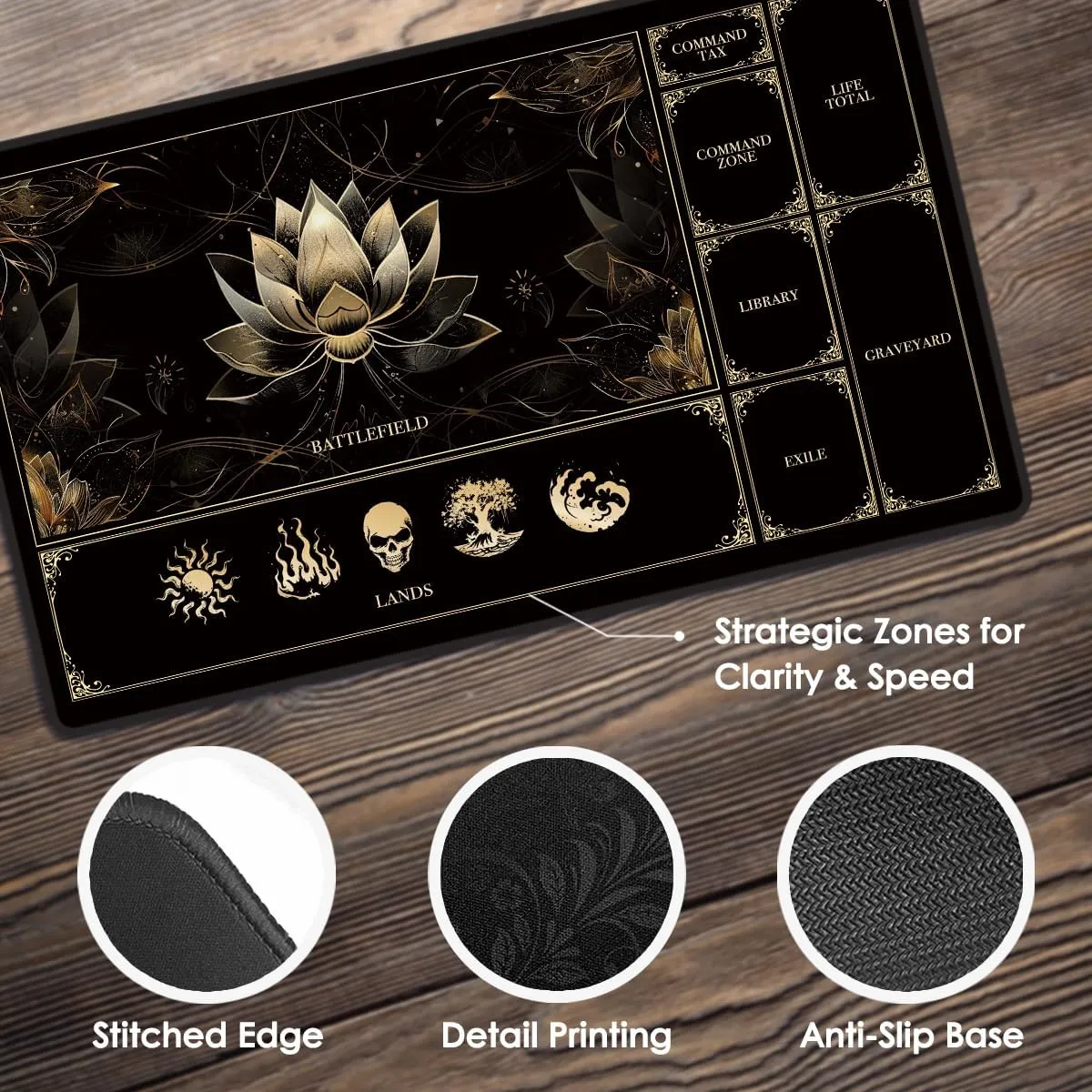 MTG Playmat with Play Zones – Magic Play mat Card Game Mat for Magic The Gathering, Lotus & Basic Lands Design, 24x14 inch, Stitched Edge, Non-Slip Base with Prismatic Playmat Tube-Gold Lotus