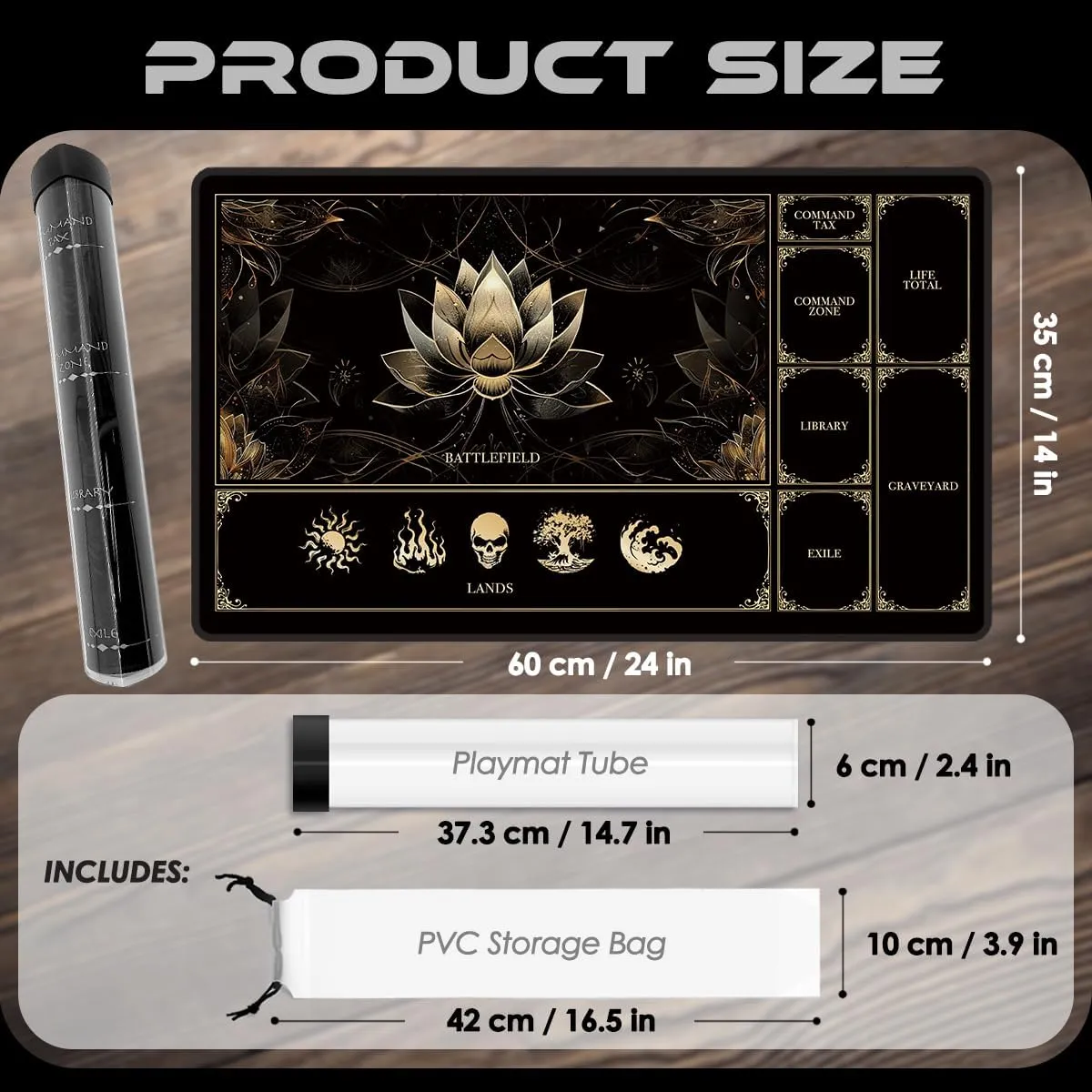 MTG Playmat with Play Zones – Magic Play mat Card Game Mat for Magic The Gathering, Lotus & Basic Lands Design, 24x14 inch, Stitched Edge, Non-Slip Base with Prismatic Playmat Tube-Gold Lotus