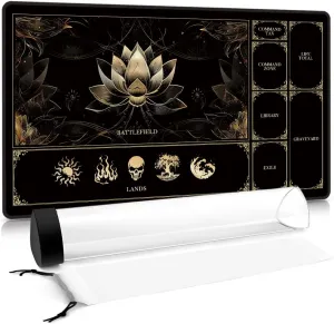 MTG Playmat with Play Zones – Magic Play mat Card Game Mat for Magic The Gathering, Lotus & Basic Lands Design, 24x14 inch, Stitched Edge, Non-Slip Base with Prismatic Playmat Tube-Gold Lotus
