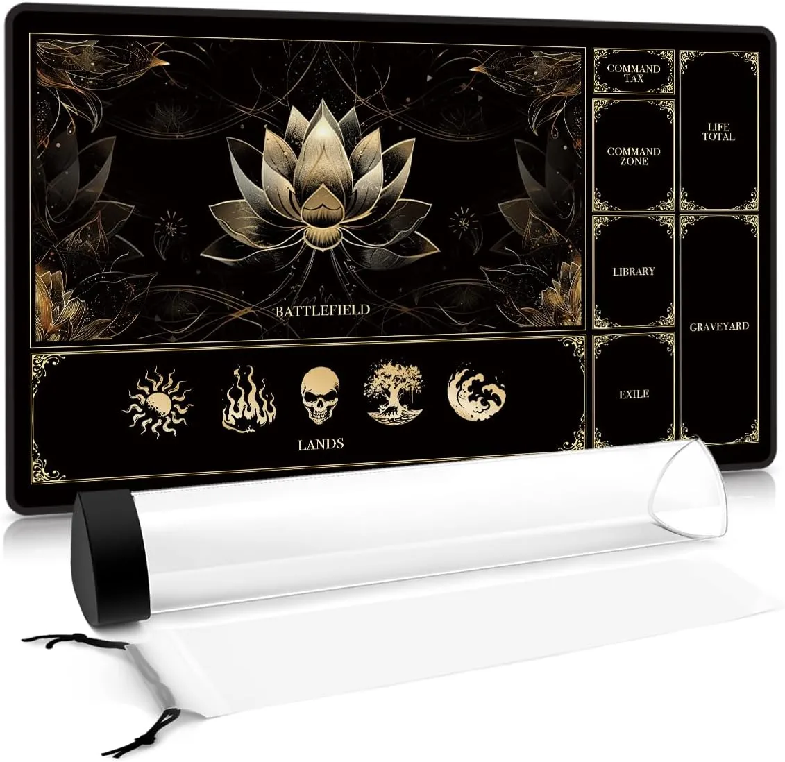 MTG Playmat with Play Zones – Magic Play mat Card Game Mat for Magic The Gathering, Lotus & Basic Lands Design, 24x14 inch, Stitched Edge, Non-Slip Base with Prismatic Playmat Tube-Gold Lotus