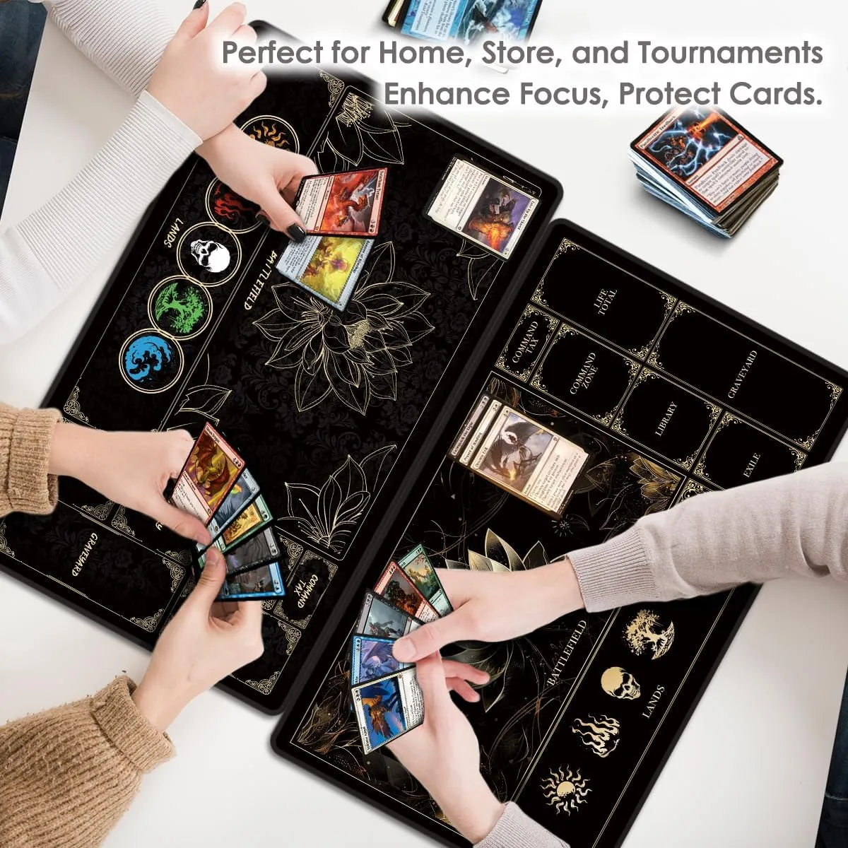 MTG Playmat with Play Zones – Magic Play mat Card Game Mat for Magic The Gathering, Lotus & Basic Lands Design, 24x14 inch, Stitched Edge, Non-Slip Base with Prismatic Playmat Tube-Gold Lotus