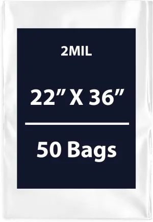 Multiple Sizes Clear Flat Poly Bags - 22x36 & (50 Bags) 2Mil Flat Open Top Plastic Packaging Packing | Flexible and Durable Plastic Bags | Low-Density Polyethylene (LDPE)