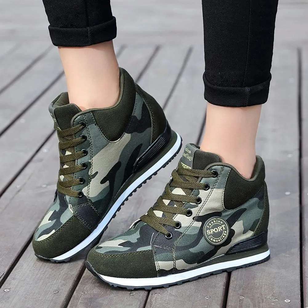 NCNDB Women's Camouflage Wedges Sneakers Inner Heightening Walking High-Heel Leisure Shoes US 4.5-10