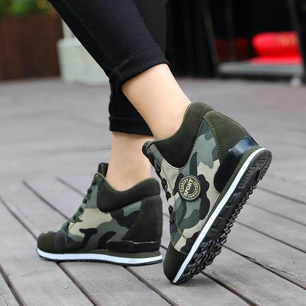 NCNDB Women's Camouflage Wedges Sneakers Inner Heightening Walking High-Heel Leisure Shoes US 4.5-10