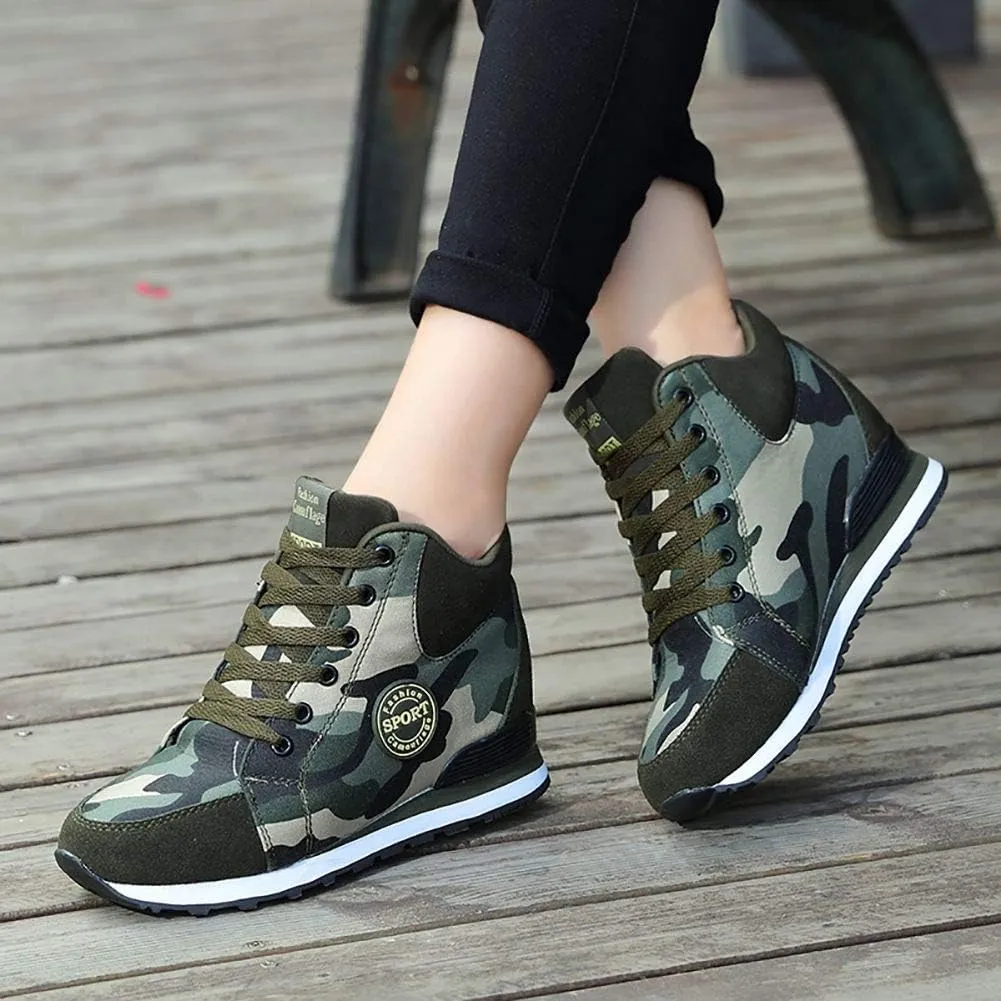 NCNDB Women's Camouflage Wedges Sneakers Inner Heightening Walking High-Heel Leisure Shoes US 4.5-10