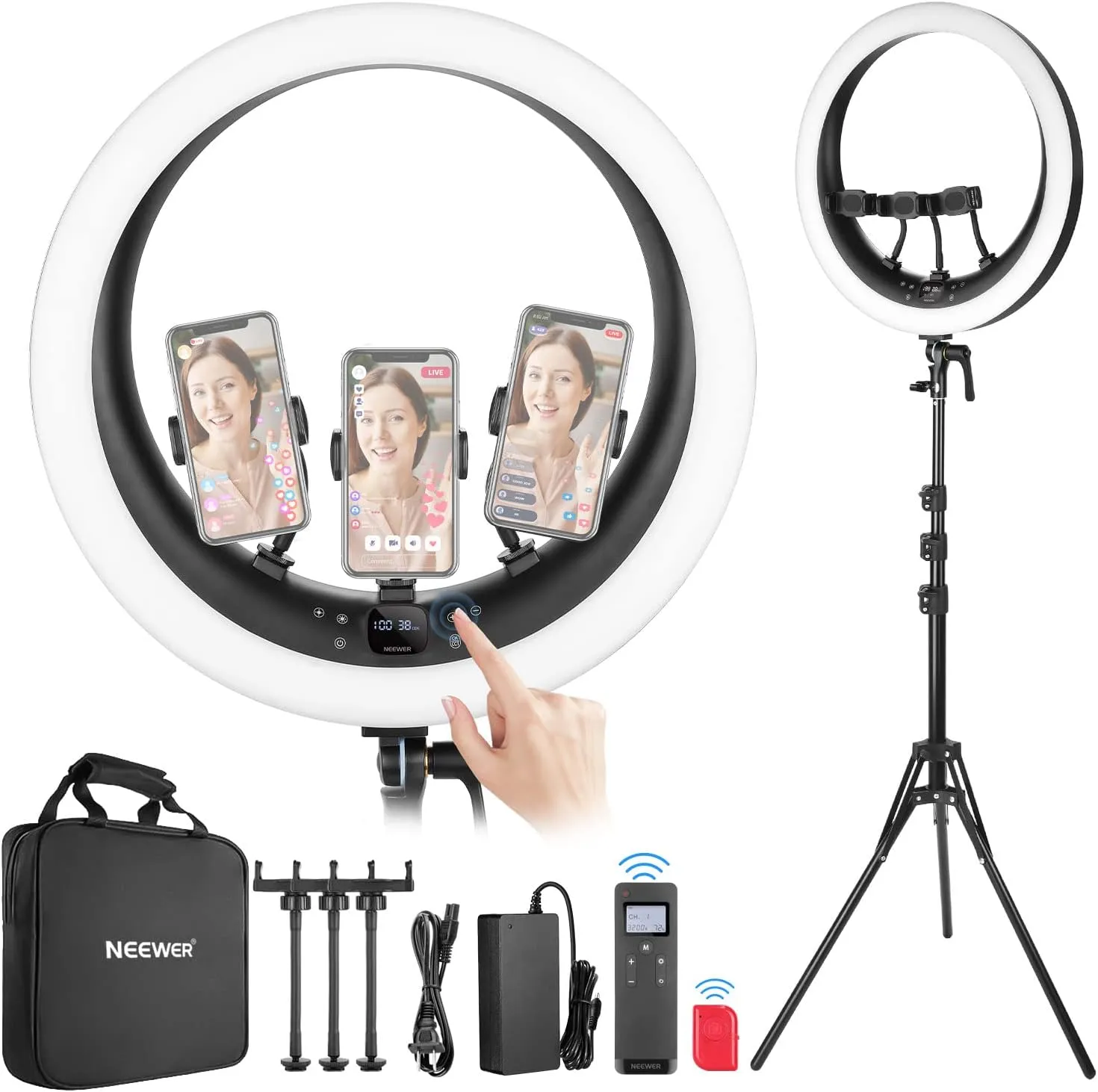 NEEWER Ring Light RP19H 19 Inch with Tripod Stand 3 Phone Holders Compatible with iPhone, Upgraded 2.4G Touch Control Ringlight for Video Recording Streaming Home Office Zoom Selfie Makeup Lighting