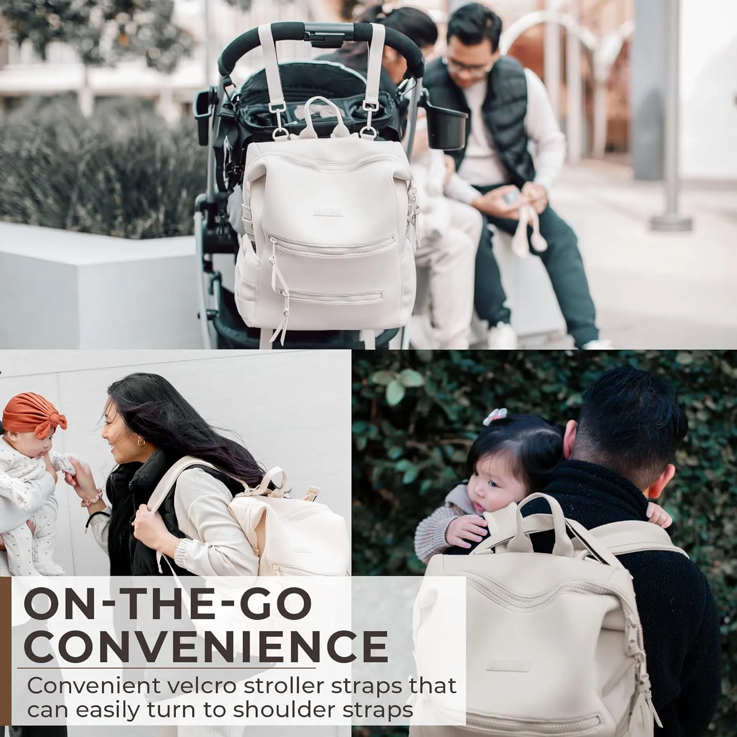 Neoprene Diaper Bag, Minimalist Backpack Diaper Bag with Pouch, Changing Pad, and Stroller Straps, Water Resistant and Lightweight Baby Girl Diaper Bag, Diaper Bag Backpack, Cream