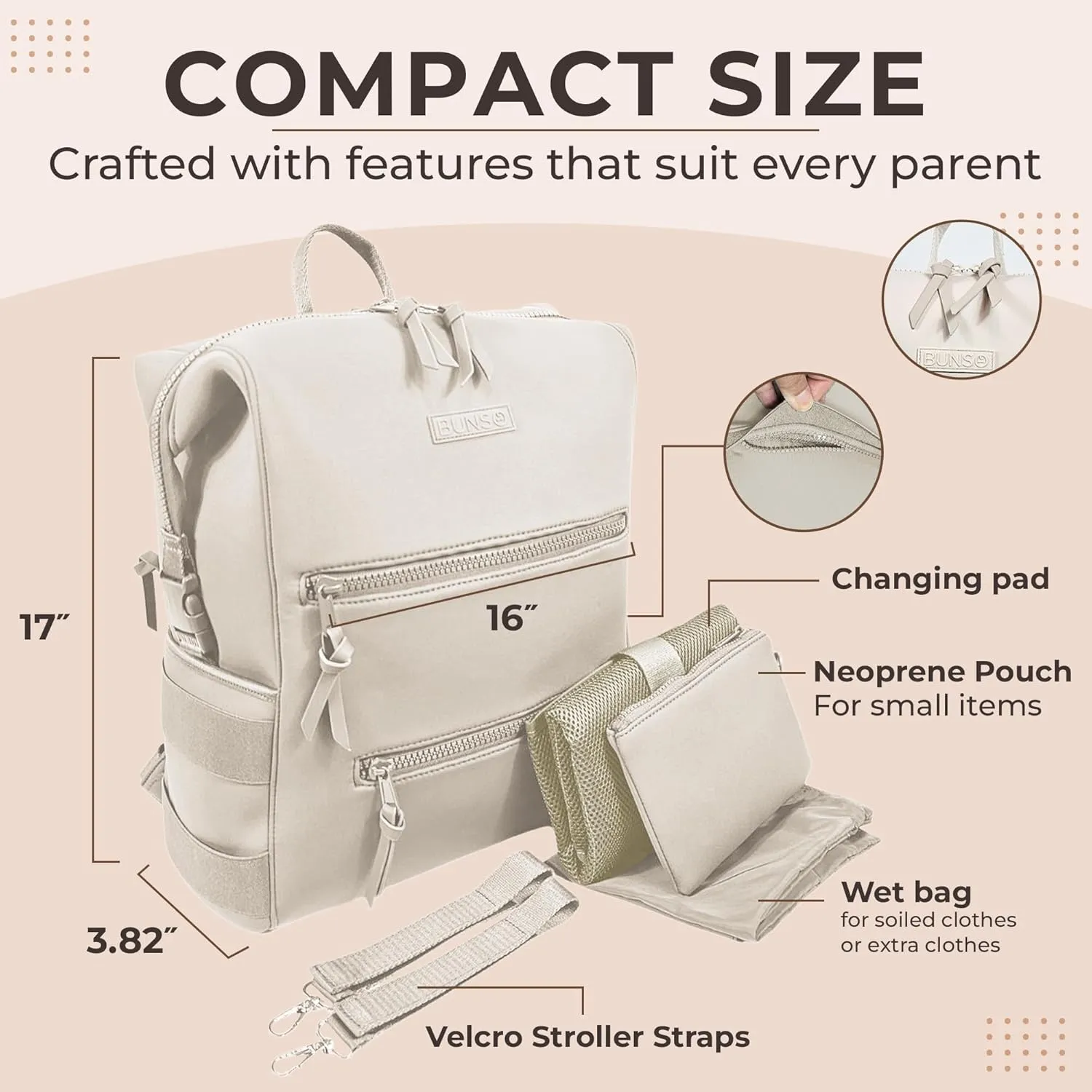 Neoprene Diaper Bag, Minimalist Backpack Diaper Bag with Pouch, Changing Pad, and Stroller Straps, Water Resistant and Lightweight Baby Girl Diaper Bag, Diaper Bag Backpack, Cream