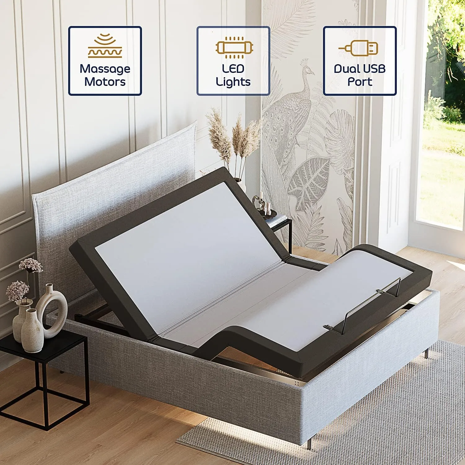 Nestl Adjustable Bed Frame, Zero clearance Adjustable Massage Bed Frame with Wireless Remote, Adjustable Bed Base Head & Foot Massage, Fast & Easy Assembly, USB Ports, LED Light, King Size Bed Frame