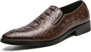 New Formal Shoes for Men Slip On Crocodile Embossed Pointed Toe Faux Leather Low Top Non Slip Block Heel Walking