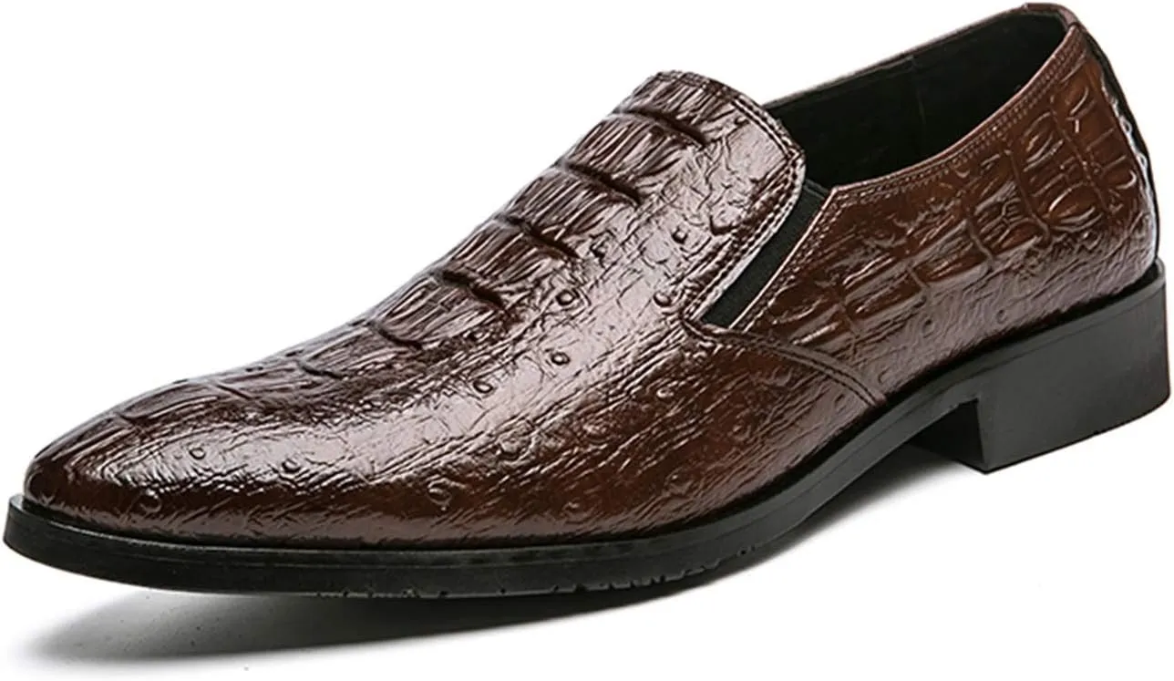 New Formal Shoes for Men Slip On Crocodile Embossed Pointed Toe Faux Leather Low Top Non Slip Block Heel Walking
