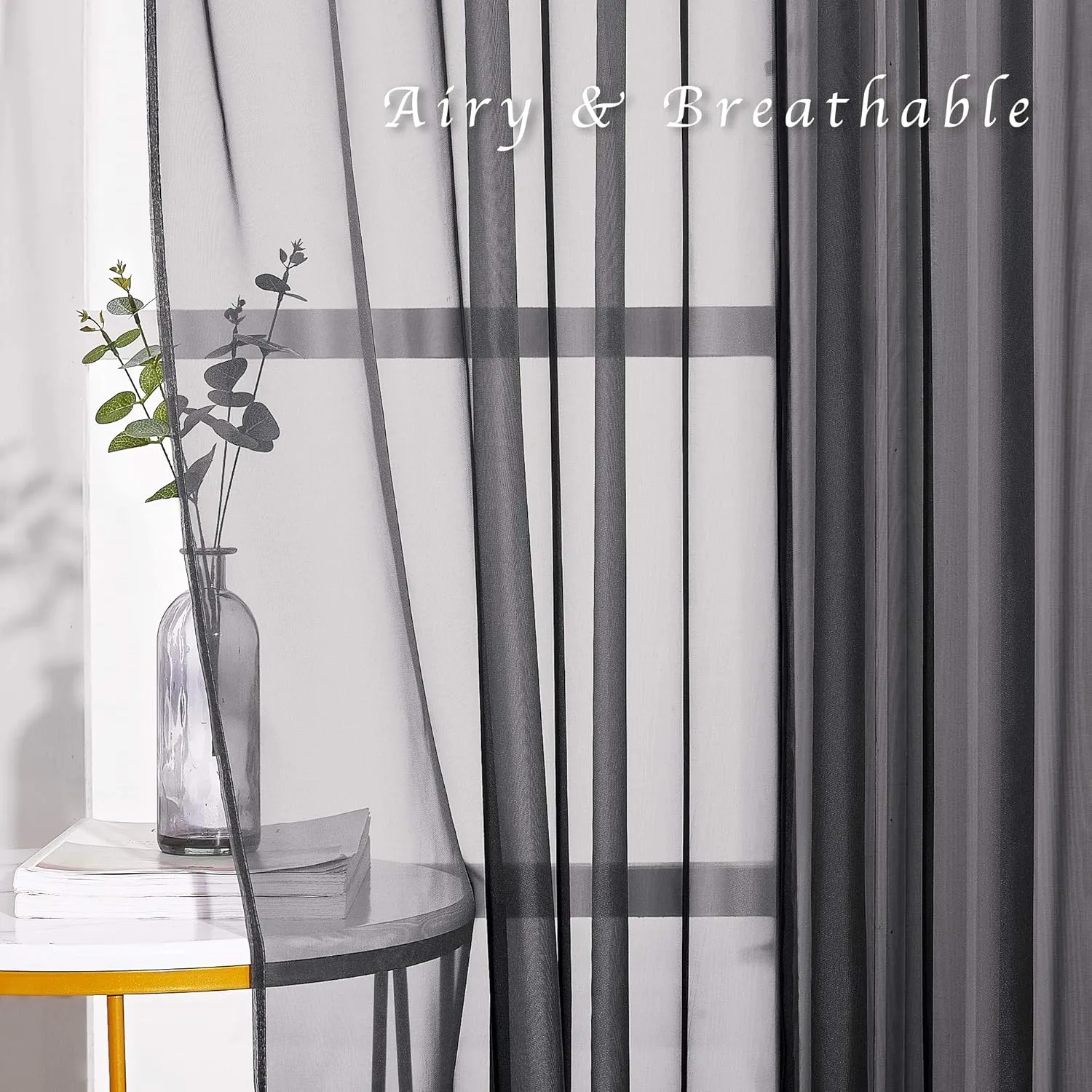 NICETOWN Sheer Window Curtain 84" - Ring Top Window Treatments Home Decorations Voile Panels Drapes with for Living Room/Patio Door (54 Inches Wide, Black, 2 Panels)