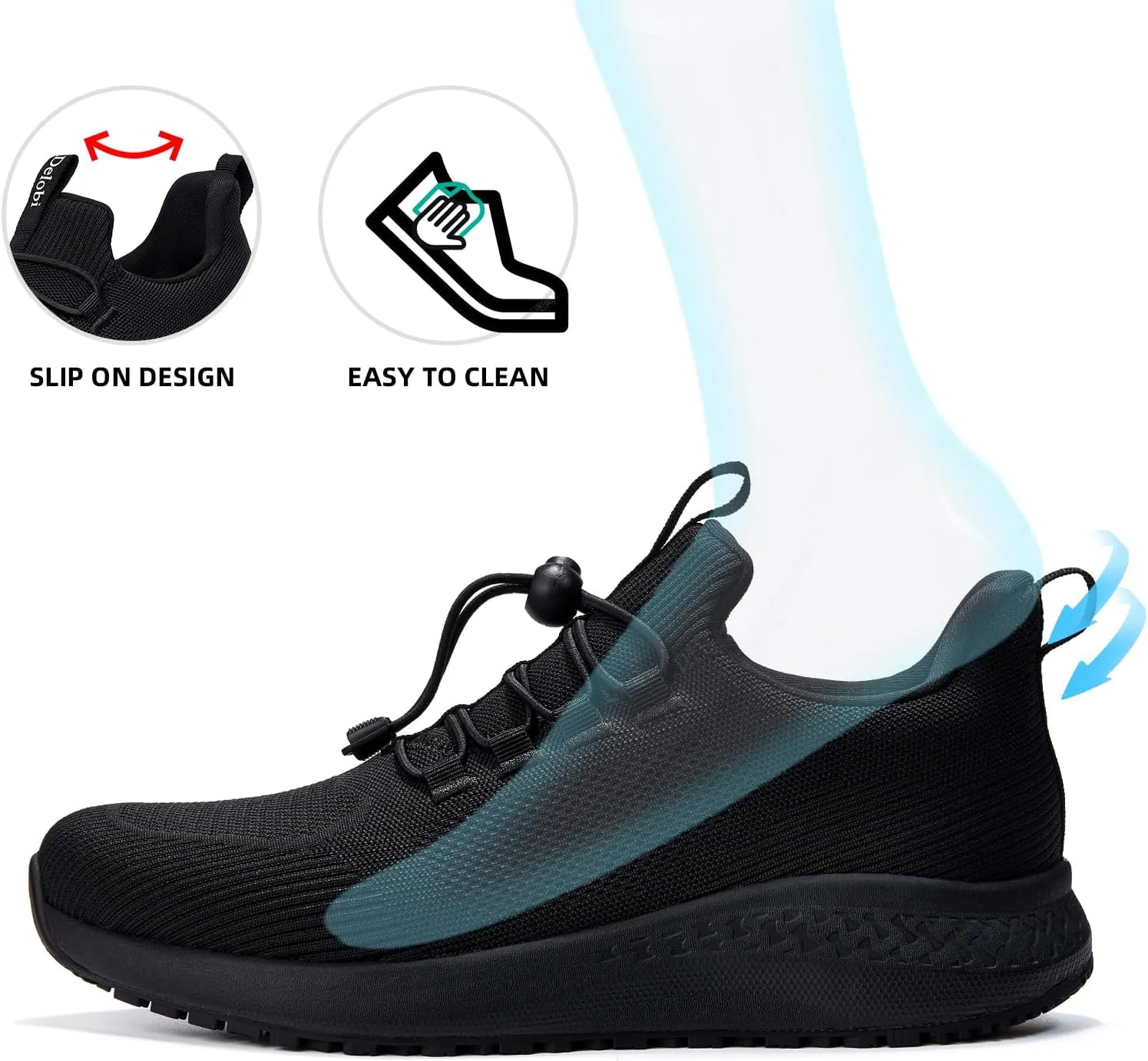 Non Slip Shoes for Men Food Service, Waterproof Work Shoes Restaurant,Slip On Resistant Sneakers, Breathable, Lightweight Walking Shoes for Kitchen and Restaurant Work Black