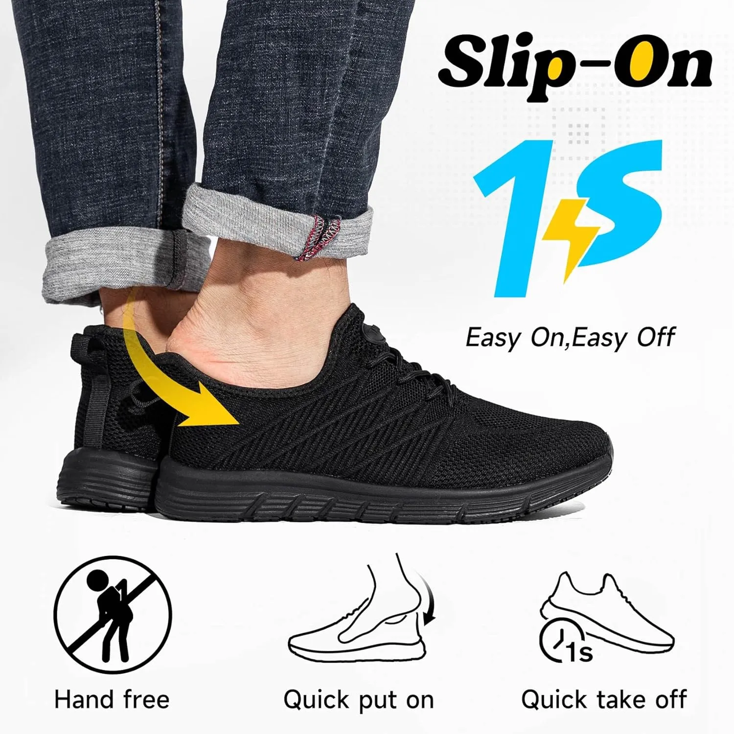 Non Slip Work Shoes for Mens Slip On Sneakers Waterproof Chef Kitchen Shoe Comfortable Slip Resistant Restaurant Footwear Hombre Zapatos de Trabajo, Black