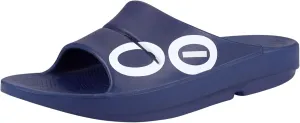 OOFOS OOahh Sport Slide Sandal, Navy White - Men’s Size 13, Women’s Size 15 - Lightweight Recovery Footwear - Reduces Stress on Feet, Joints & Back - Machine Washable - Hand-Painted Graphics