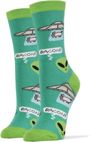 Oooh Yeah! Socks, Womens Cotton Crew Socks (Bacon Abduction) One Size
