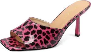 Open-Toe Patent Leather Kitten Heel Mules with Slim Stiletto for Women Sexy Leopard Print Slip On Square-Toe Slide Sandals