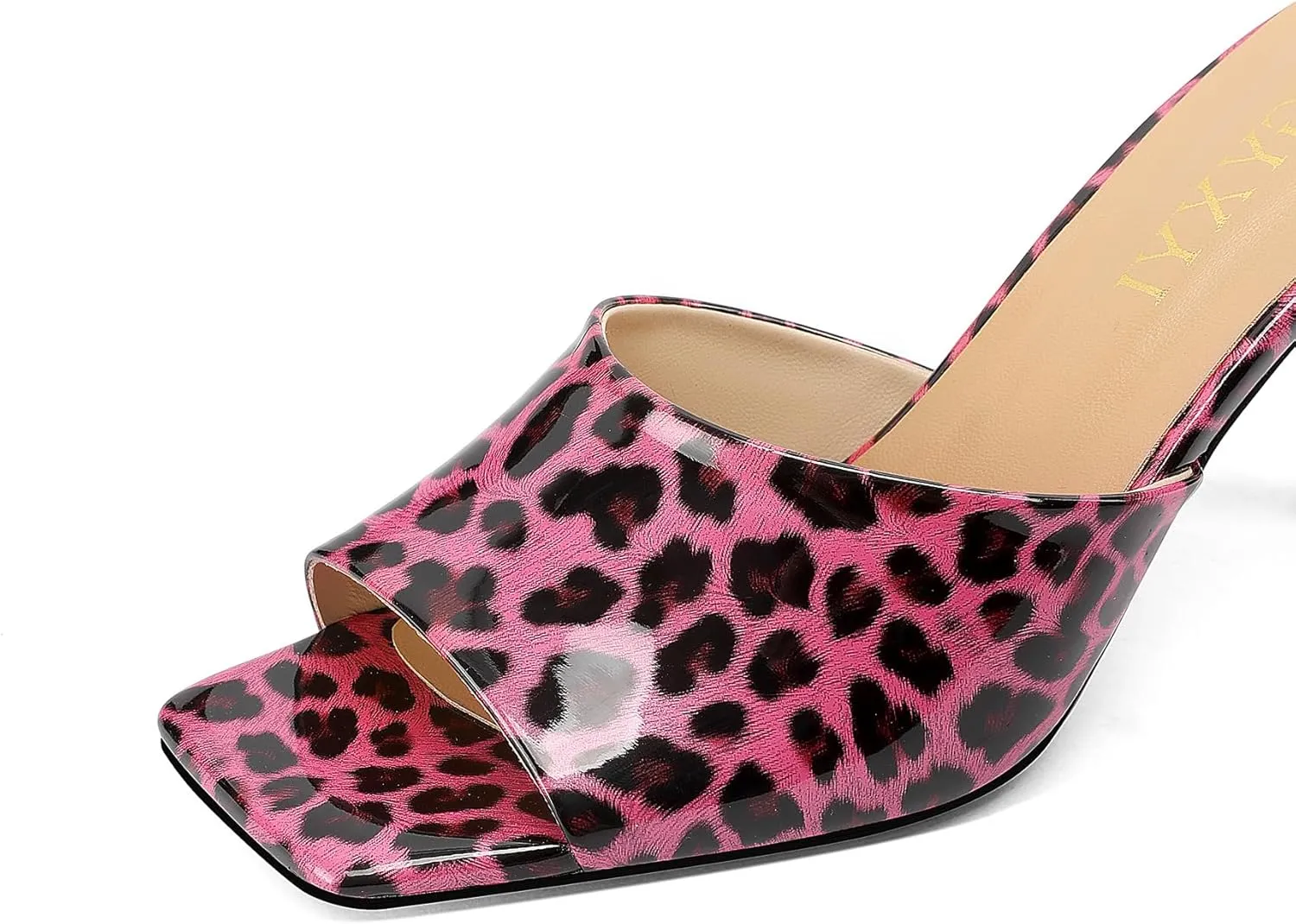 Open-Toe Patent Leather Kitten Heel Mules with Slim Stiletto for Women Sexy Leopard Print Slip On Square-Toe Slide Sandals