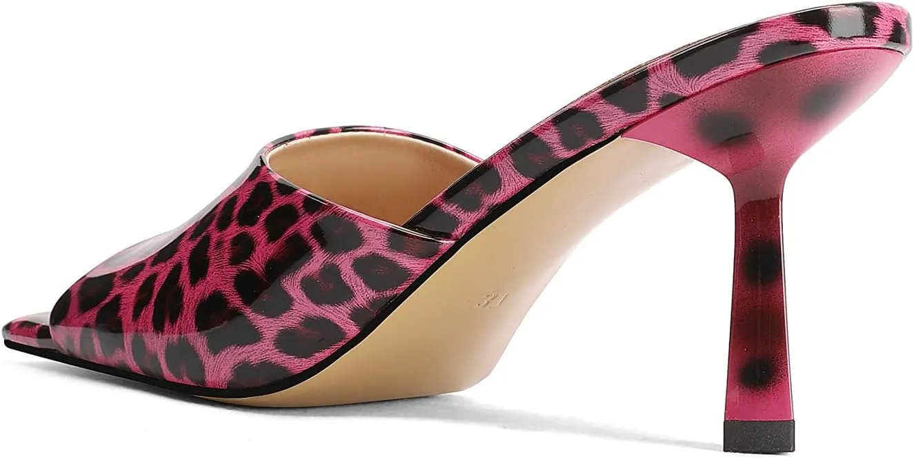 Open-Toe Patent Leather Kitten Heel Mules with Slim Stiletto for Women Sexy Leopard Print Slip On Square-Toe Slide Sandals