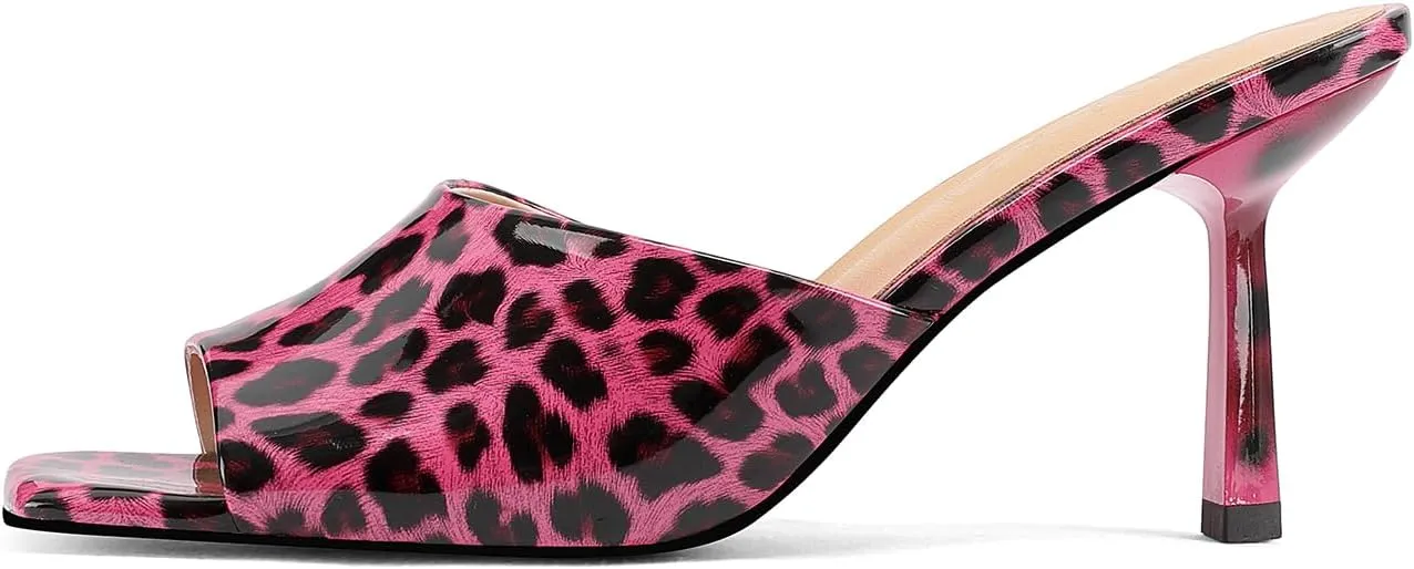 Open-Toe Patent Leather Kitten Heel Mules with Slim Stiletto for Women Sexy Leopard Print Slip On Square-Toe Slide Sandals