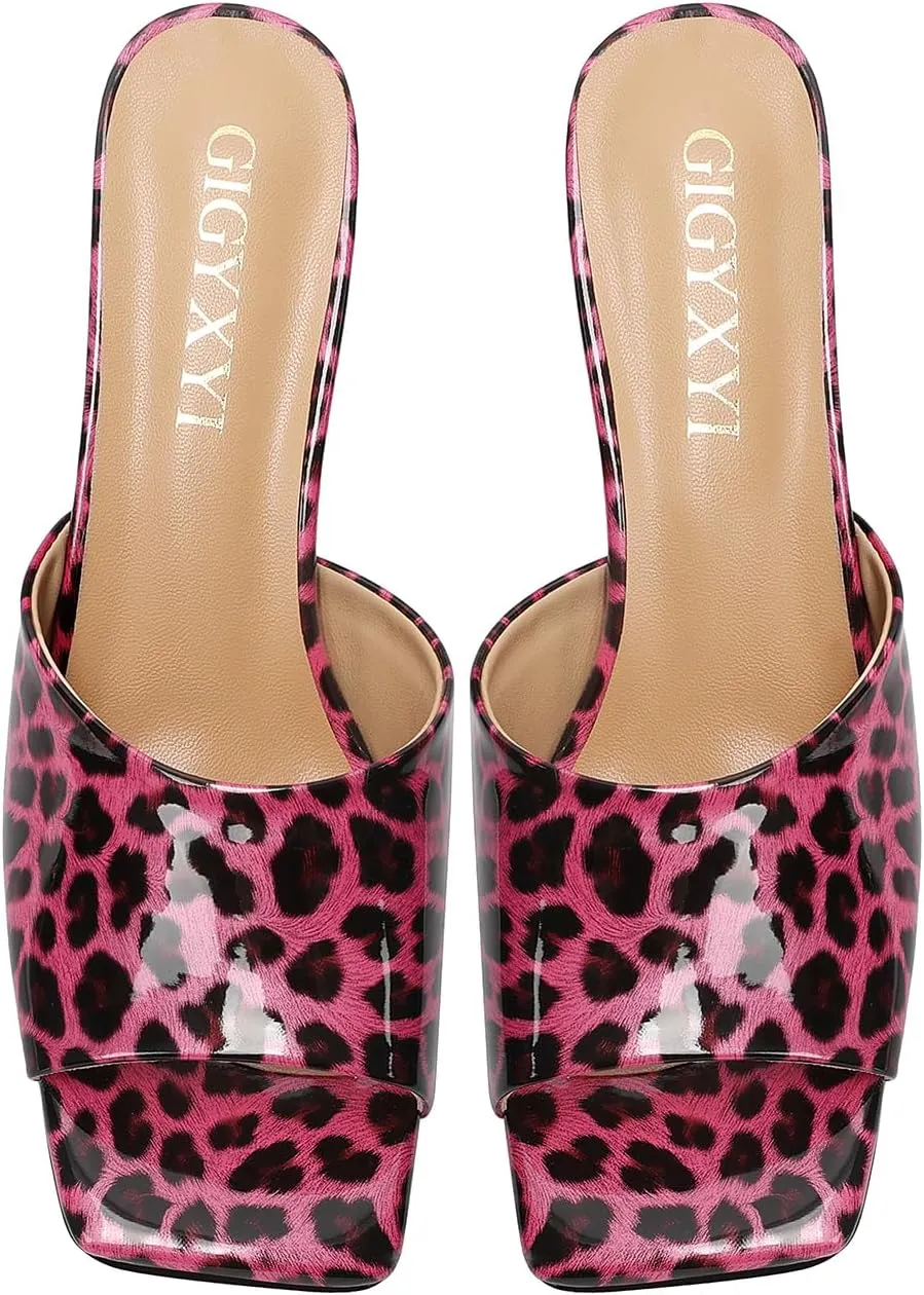 Open-Toe Patent Leather Kitten Heel Mules with Slim Stiletto for Women Sexy Leopard Print Slip On Square-Toe Slide Sandals