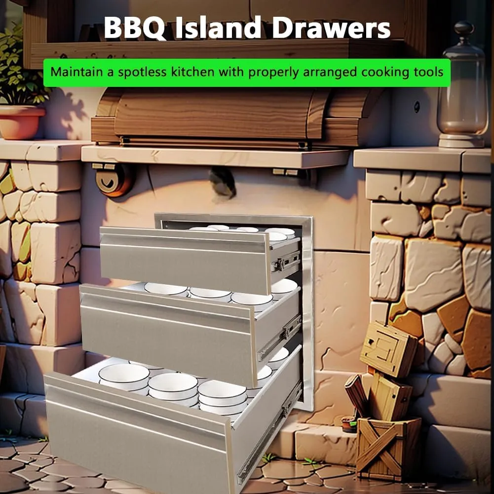 Outdoor Kitchen Drawer 16" W x 21" H x 23" D, 304 Stainless Steel Flush Mount Triple Layer Access BBQ Drawers, BBQ Island Drawers for Outdoor Kitchen, Grill Station