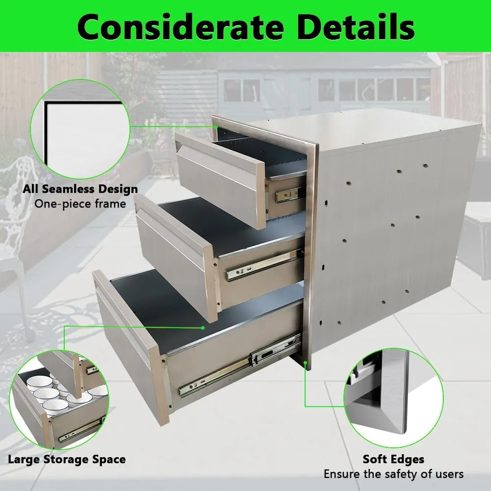 Outdoor Kitchen Drawer 16" W x 21" H x 23" D, 304 Stainless Steel Flush Mount Triple Layer Access BBQ Drawers, BBQ Island Drawers for Outdoor Kitchen, Grill Station