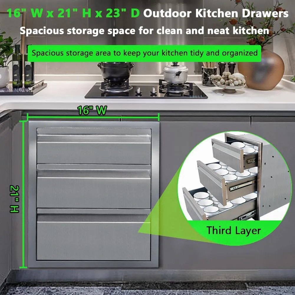 Outdoor Kitchen Drawer 16" W x 21" H x 23" D, 304 Stainless Steel Flush Mount Triple Layer Access BBQ Drawers, BBQ Island Drawers for Outdoor Kitchen, Grill Station