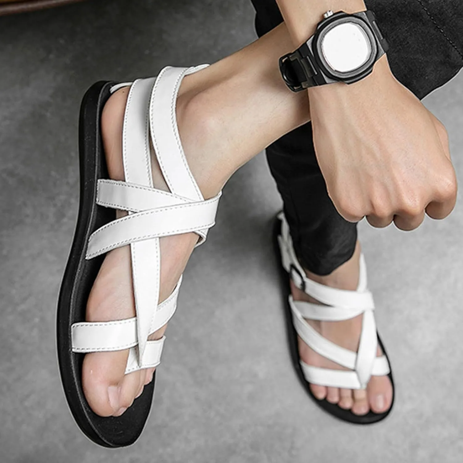 Outdoor Sandals Men Fashionable And Casual Men's Hollow Mesh British Thin Soled Beach Solid Color Sandals