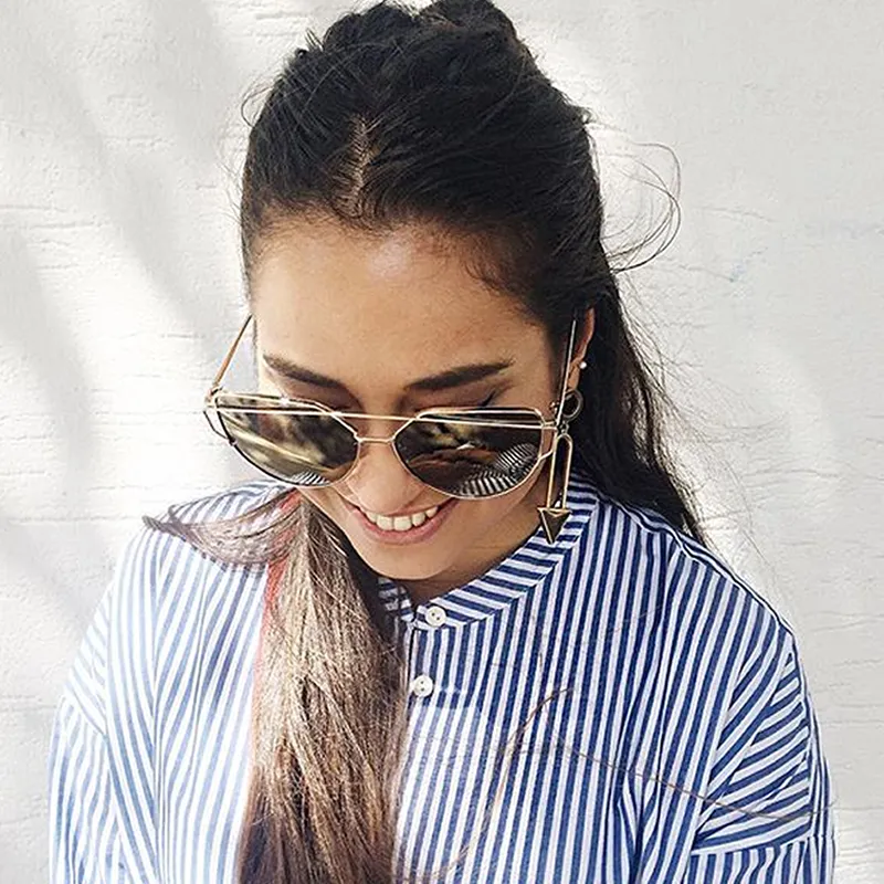 Oversize Thin Cross Brow Mirrored Flat Lens Sunglasses