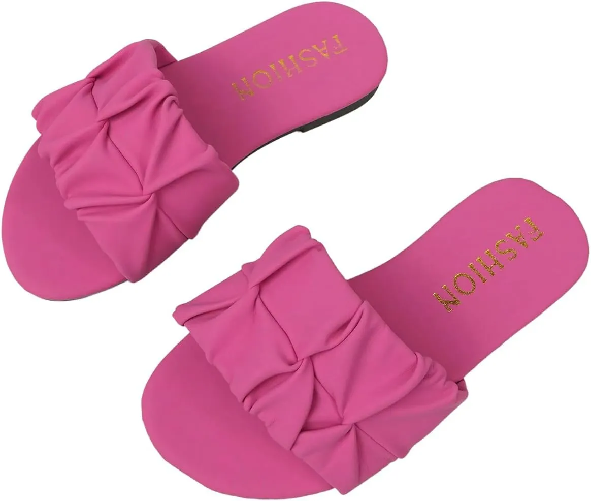 OYOANGLE Girl's Ruched Single Band Slide Sandals Lightweight Open Toe Flat Sandal
