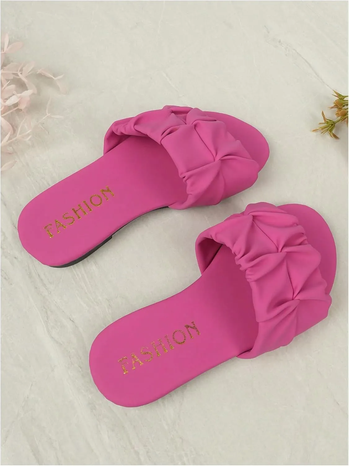 OYOANGLE Girl's Ruched Single Band Slide Sandals Lightweight Open Toe Flat Sandal