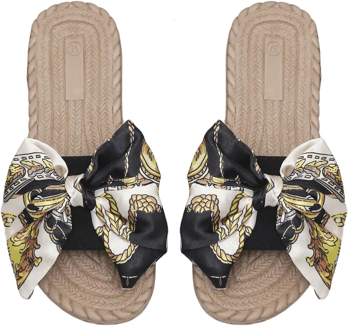 OYOANGLE Women's Bow Decor Slide Sandals Outdoor Flat Sandals Vacation Summer Open Toe Single Band Slip on Slide Sandal